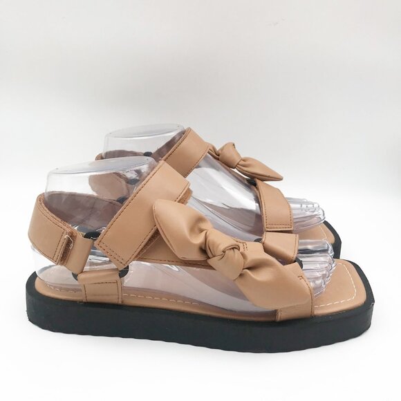 ZARA Bow Velcro Tan Flat Neutral Beige Square Toe Sandals Womens 6.5 - Picture 4 of 12